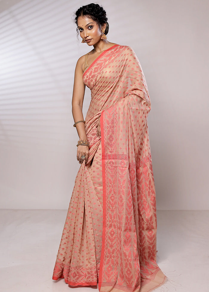 Peach Khadi Cotton Saree With Blouse Piece