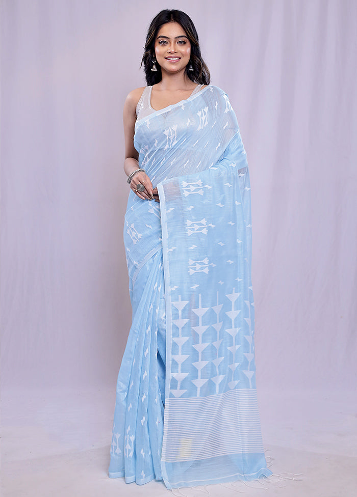 Blue Khadi Cotton Saree With Blouse Piece - Indian Silk House Agencies