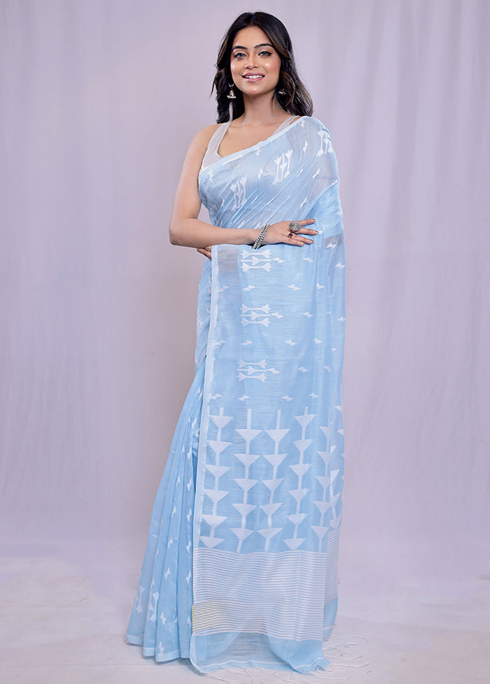 Blue Khadi Cotton Saree With Blouse Piece - Indian Silk House Agencies