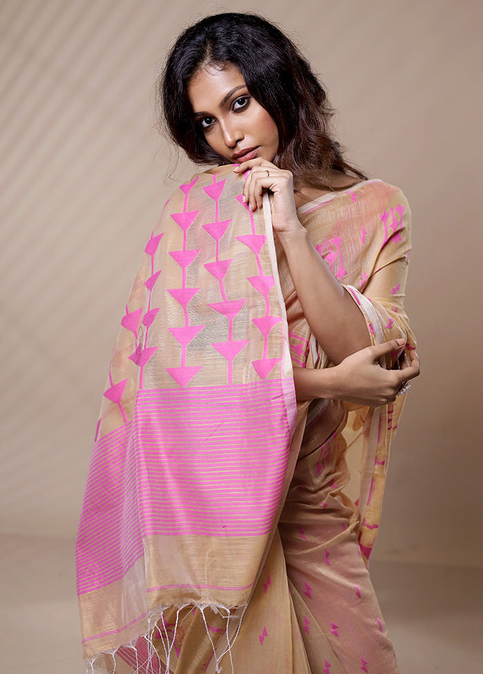 Cream Khadi Cotton Saree Without Blouse Piece - Indian Silk House Agencies