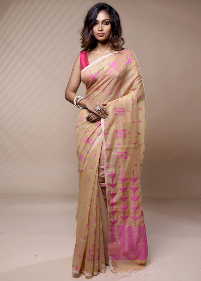 Cream Khadi Cotton Saree Without Blouse Piece - Indian Silk House Agencies