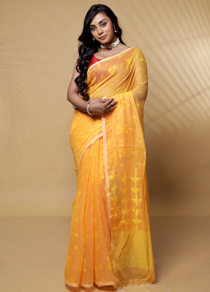 Yellow Khadi Cotton Saree Without Blouse Piece - Indian Silk House Agencies