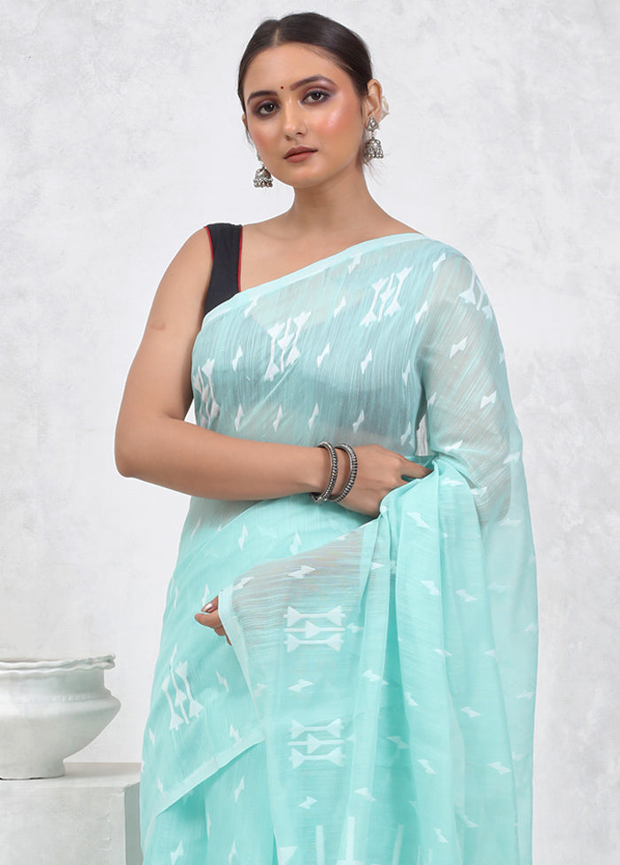 Blue Khadi Cotton Saree With Blouse Piece