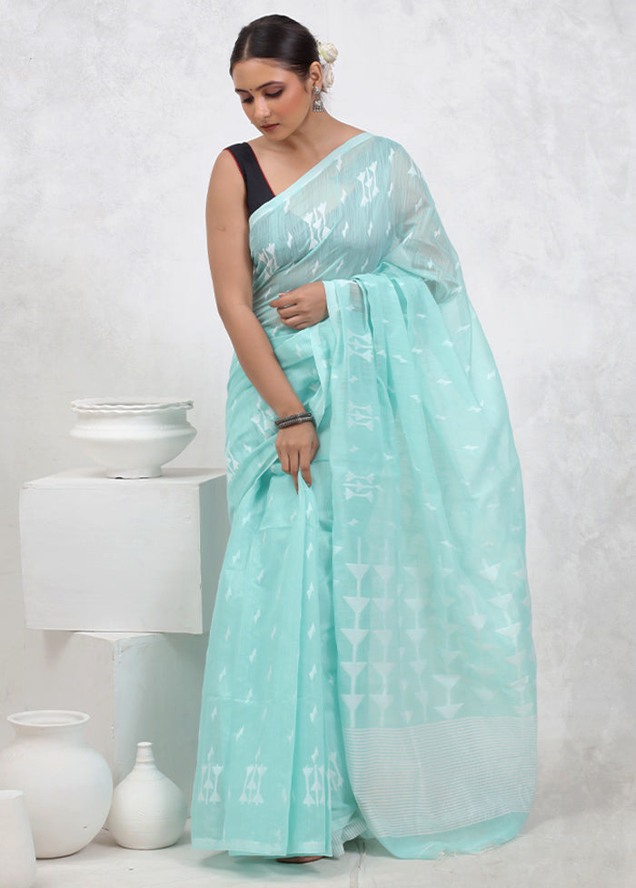 Blue Khadi Cotton Saree With Blouse Piece