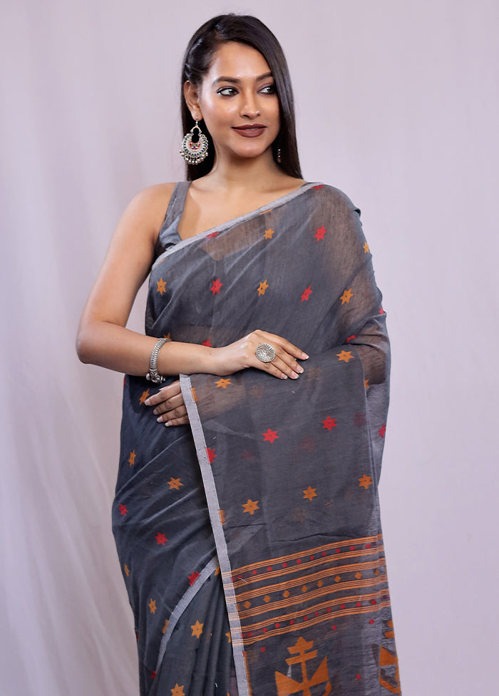 Black Khadi Cotton Saree With Blouse Piece - Indian Silk House Agencies