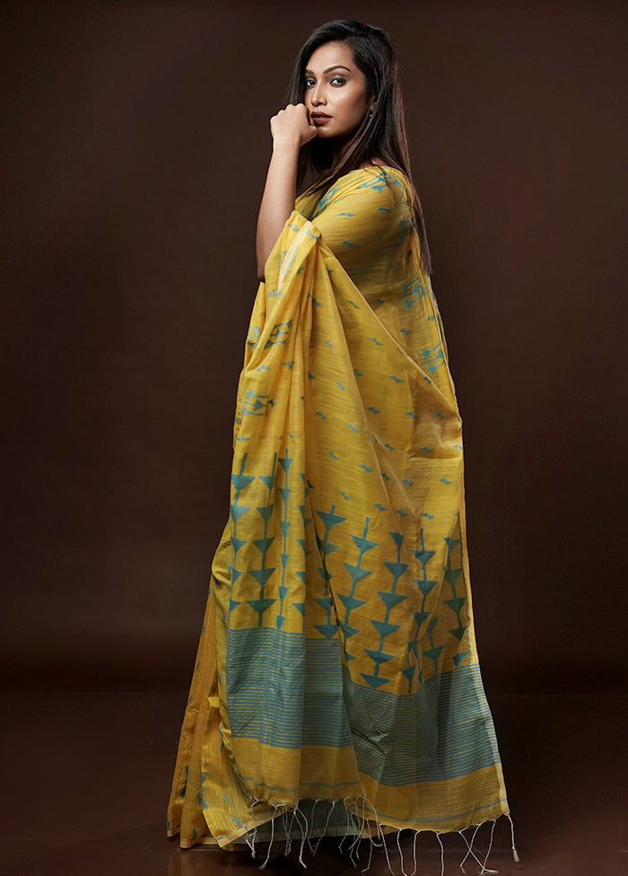 Yellow Khadi Cotton Saree With Blouse Piece - Indian Silk House Agencies