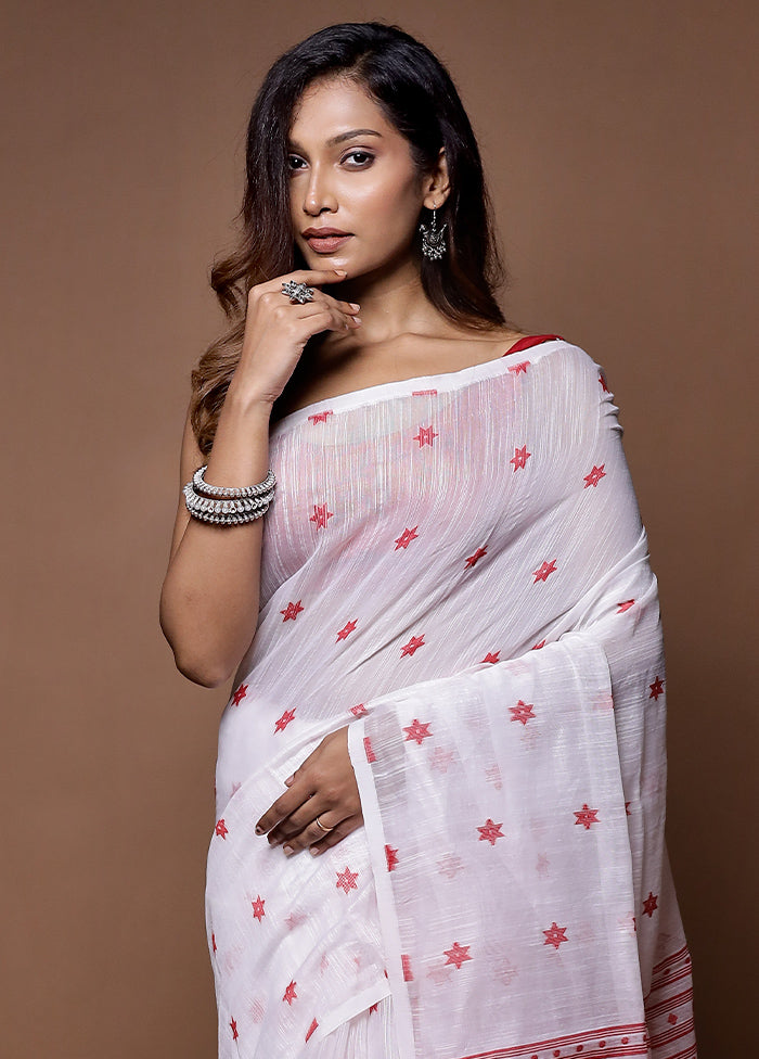 White Khadi Cotton Saree With Blouse Piece - Indian Silk House Agencies