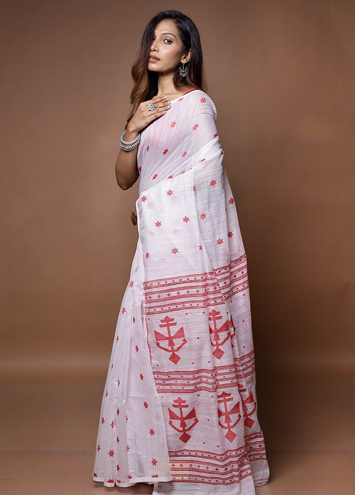 White Khadi Cotton Saree With Blouse Piece - Indian Silk House Agencies