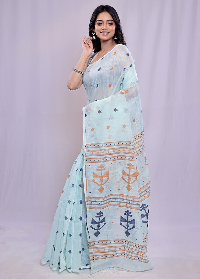 Blue Khadi Cotton Saree With Blouse Piece - Indian Silk House Agencies