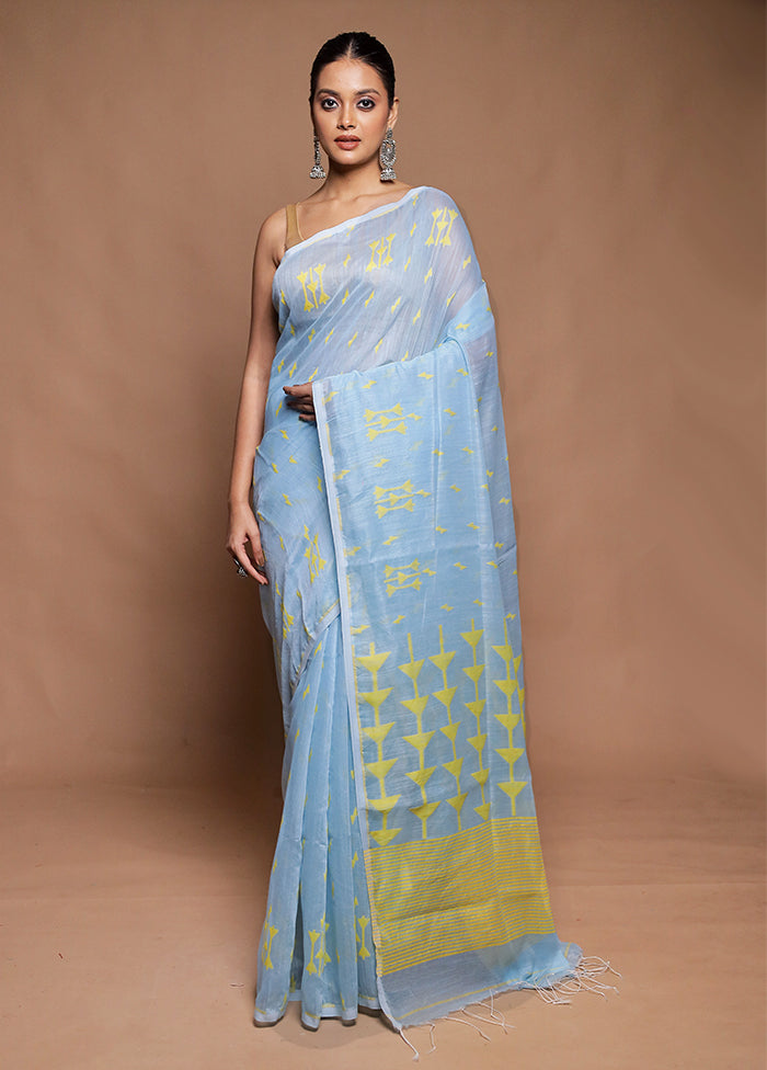 Blue Cotton Saree With Blouse Piece