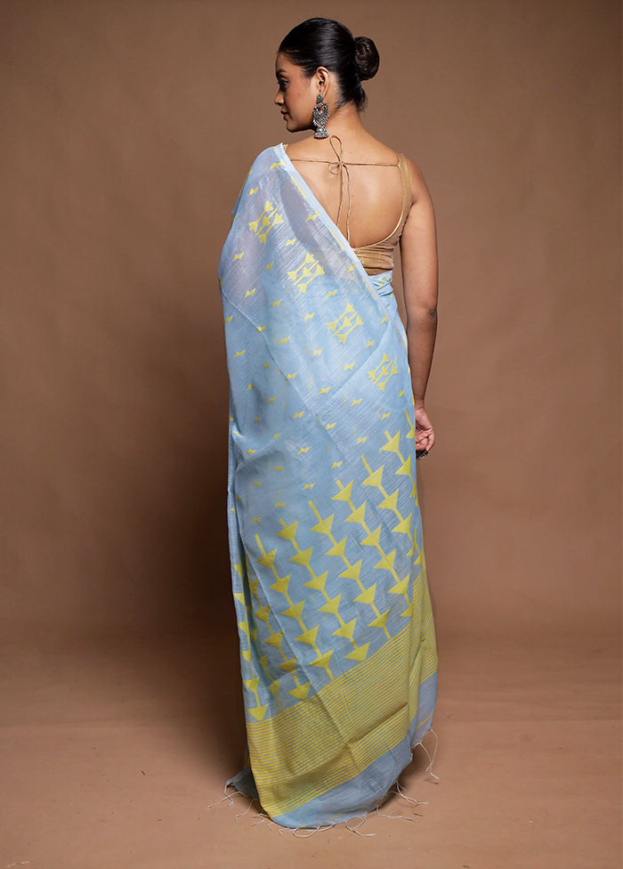 Blue Cotton Saree With Blouse Piece