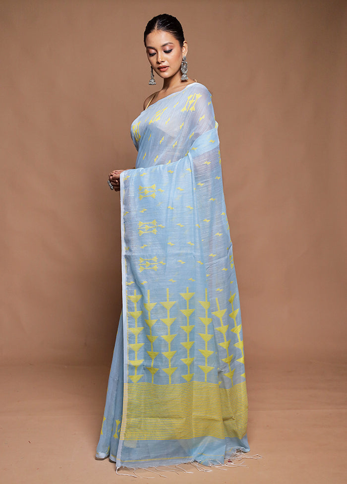 Blue Cotton Saree With Blouse Piece