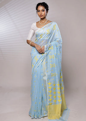 Blue Khadi Cotton Saree With Blouse Piece - Indian Silk House Agencies