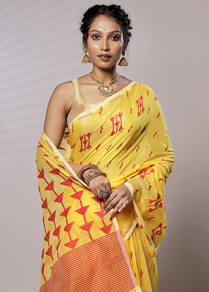 Yellow Khadi Cotton Saree With Blouse Piece - Indian Silk House Agencies