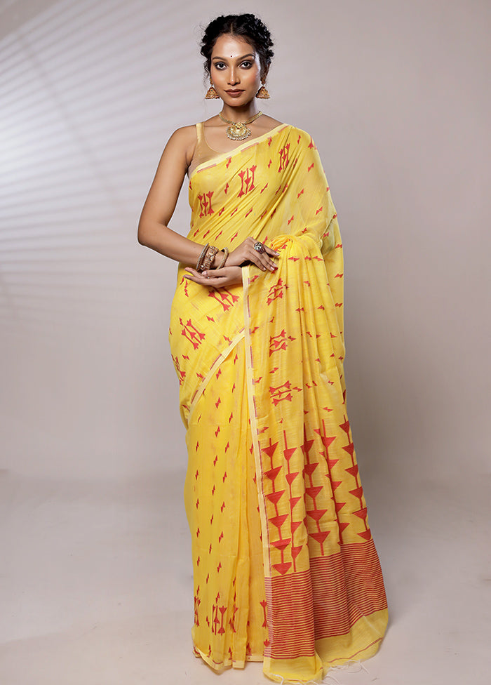 Yellow Khadi Cotton Saree With Blouse Piece