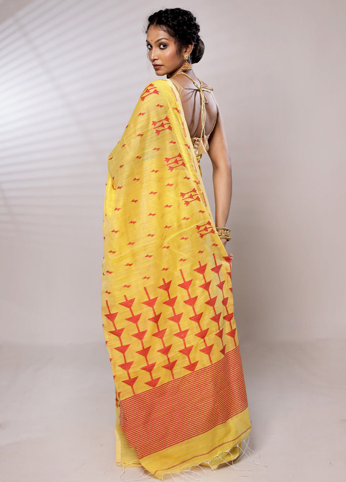 Yellow Khadi Cotton Saree With Blouse Piece - Indian Silk House Agencies