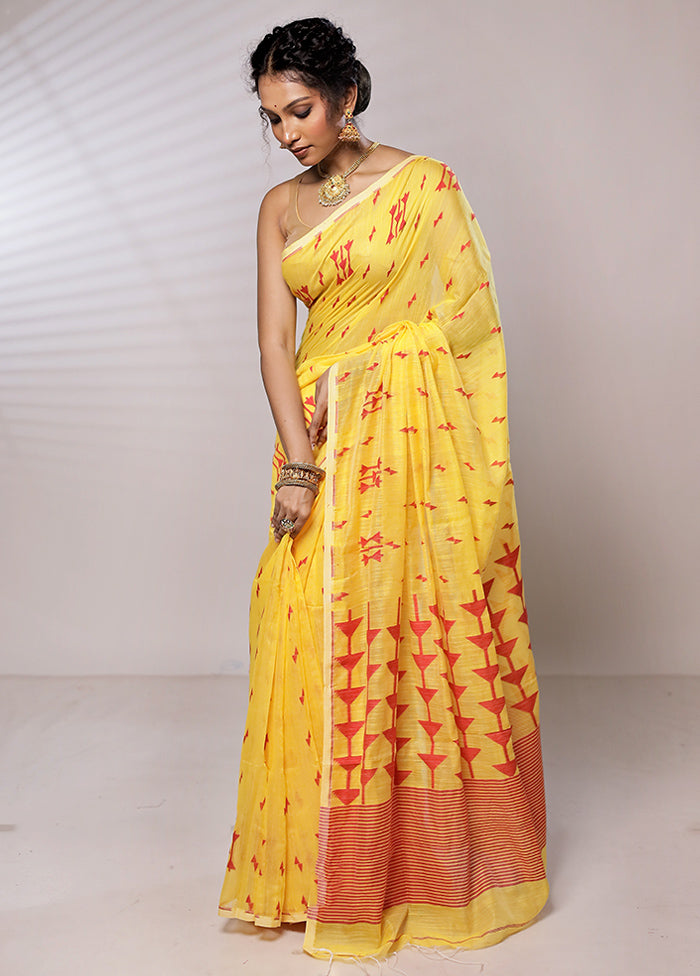 Yellow Khadi Cotton Saree With Blouse Piece - Indian Silk House Agencies