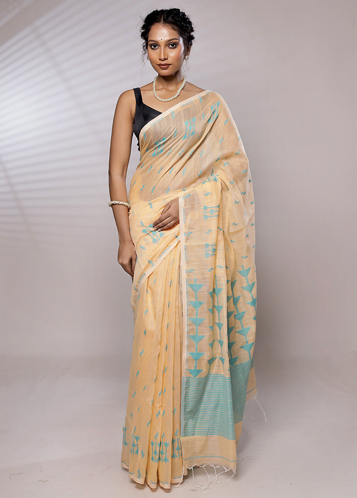 Cream Khadi Cotton Saree With Blouse Piece