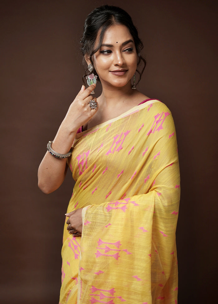 Yellow Khadi Cotton Saree With Blouse Piece - Indian Silk House Agencies