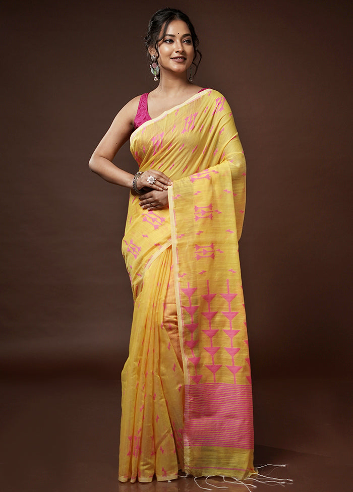 Yellow Khadi Cotton Saree With Blouse Piece - Indian Silk House Agencies