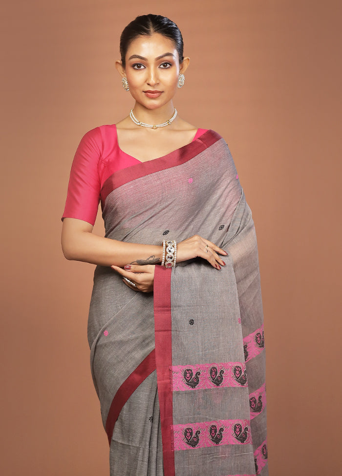 Grey Khadi Cotton Saree With Blouse Piece