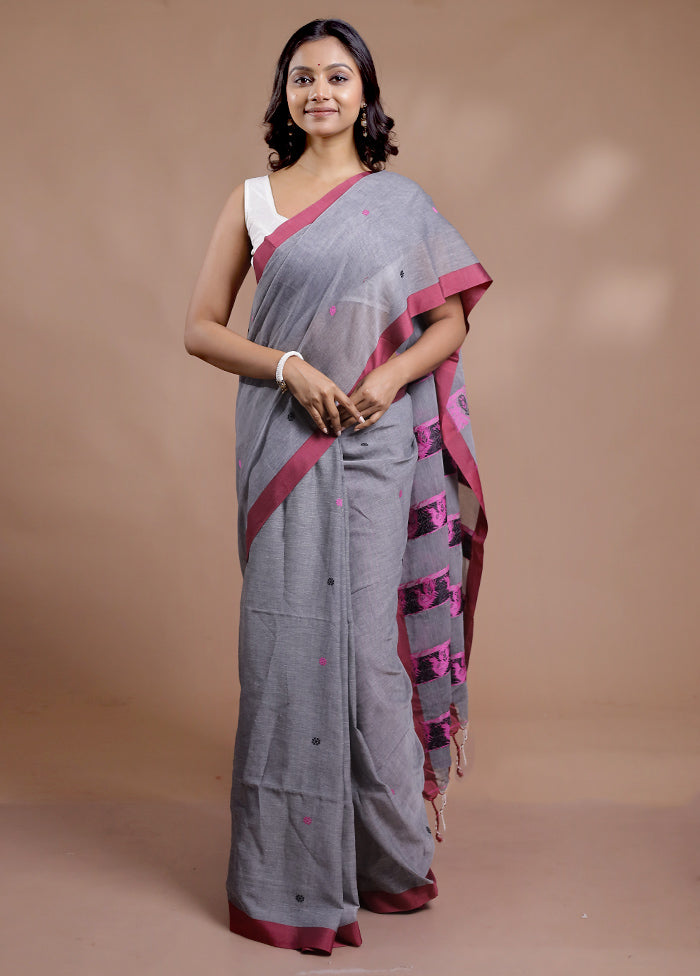 Grey Khadi Cotton Saree With Blouse Piece - Indian Silk House Agencies