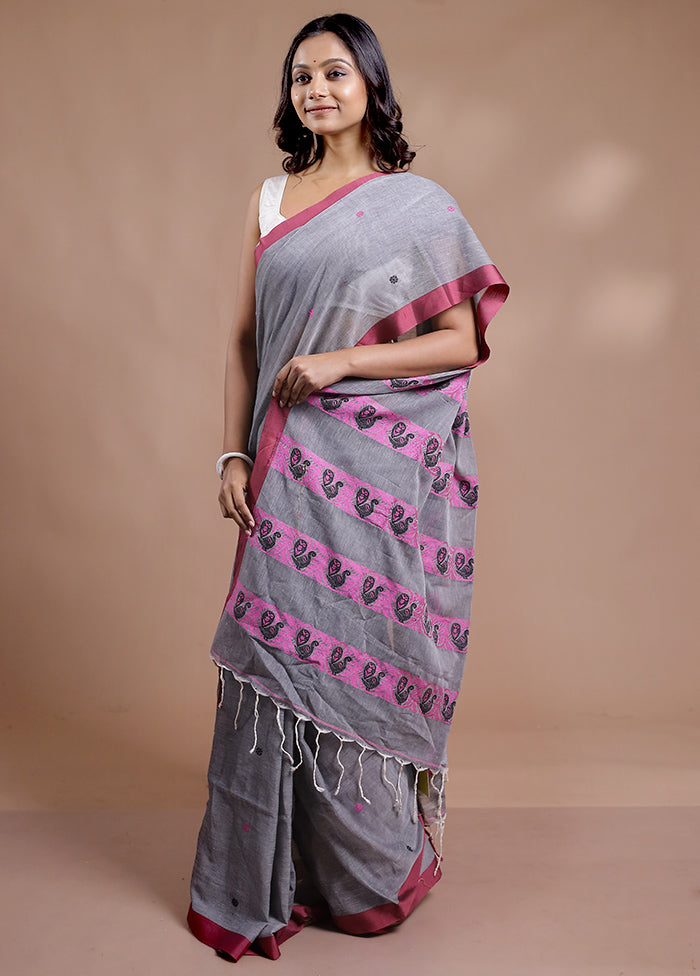 Grey Khadi Cotton Saree With Blouse Piece - Indian Silk House Agencies