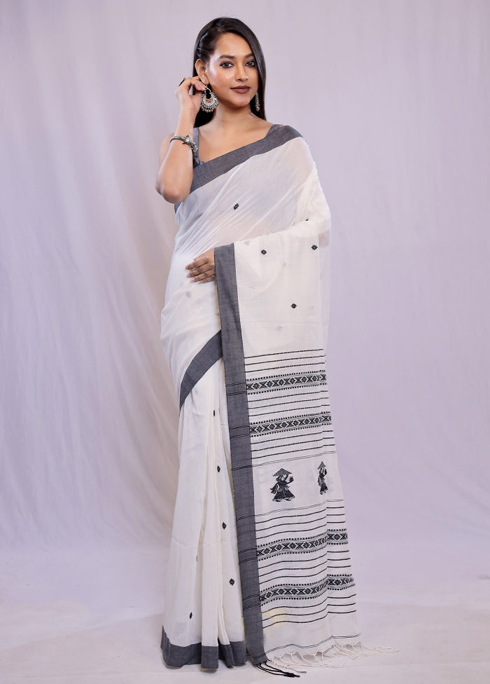 White Khadi Cotton Saree With Blouse Piece - Indian Silk House Agencies