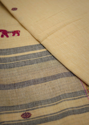 Cream Khadi Cotton Saree Without Blouse Piece - Indian Silk House Agencies