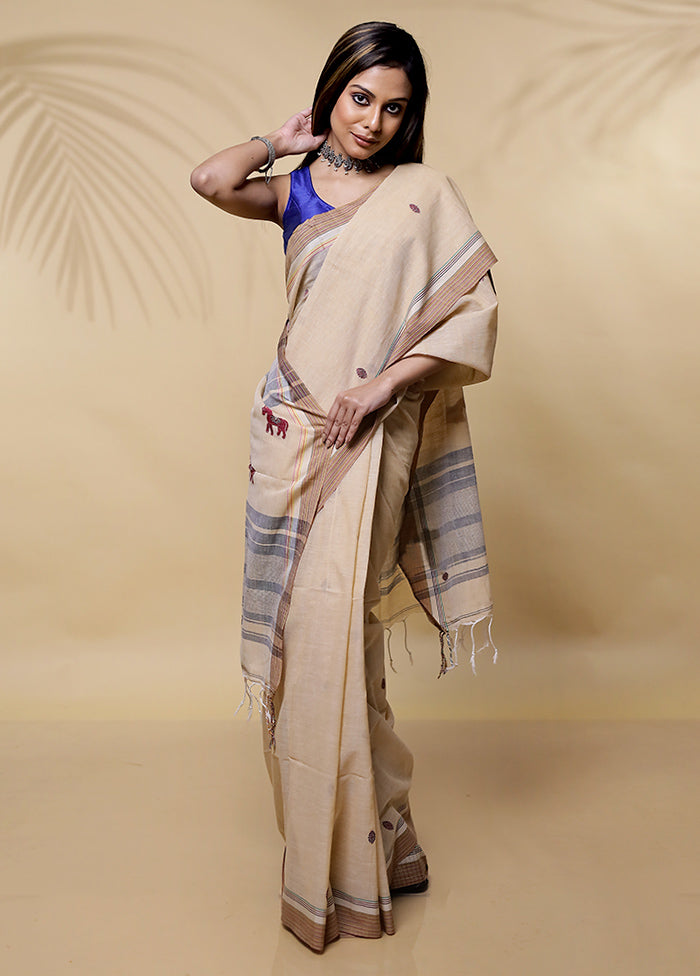 Cream Khadi Cotton Saree Without Blouse Piece - Indian Silk House Agencies