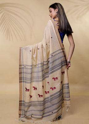 Cream Khadi Cotton Saree Without Blouse Piece - Indian Silk House Agencies