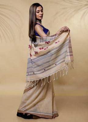 Cream Khadi Cotton Saree Without Blouse Piece - Indian Silk House Agencies