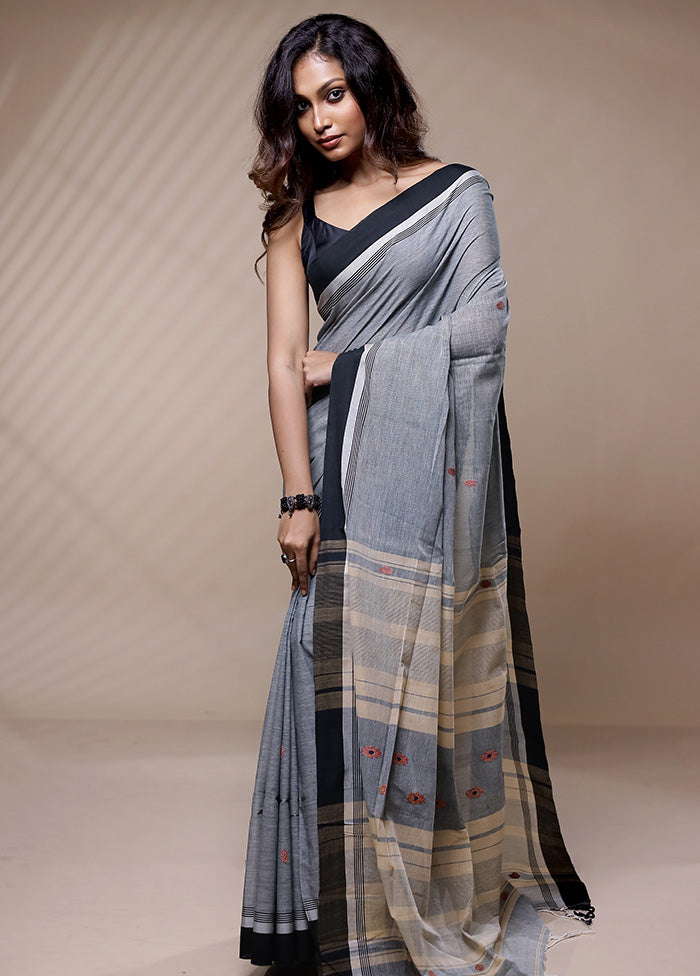 Grey Pure Khadi Cotton Saree Without Blouse Piece - Indian Silk House Agencies