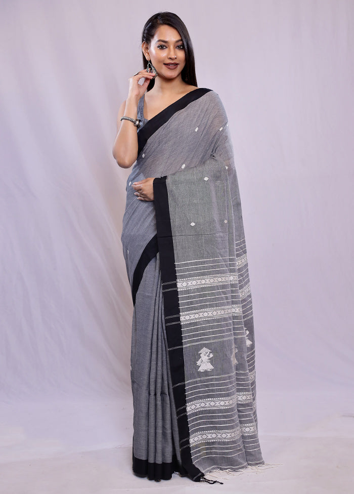 Grey Khadi Cotton Saree With Blouse Piece - Indian Silk House Agencies