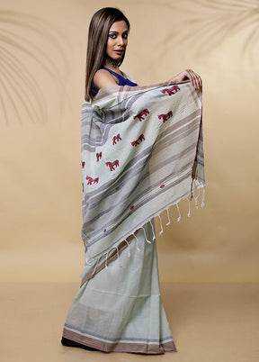 Green Khadi Cotton Saree Without Blouse Piece - Indian Silk House Agencies