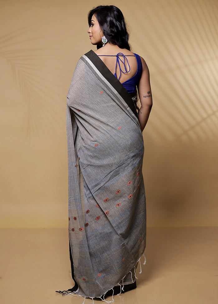 Grey Khadi Cotton Saree Without Blouse Piece - Indian Silk House Agencies