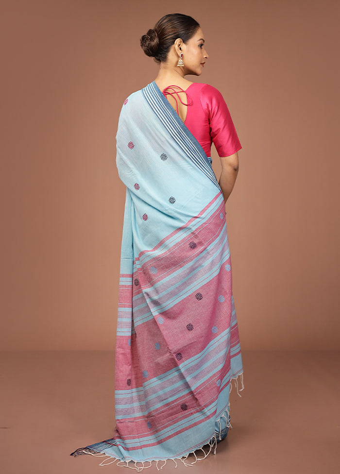 Blue Khadi Cotton Saree With Blouse Piece