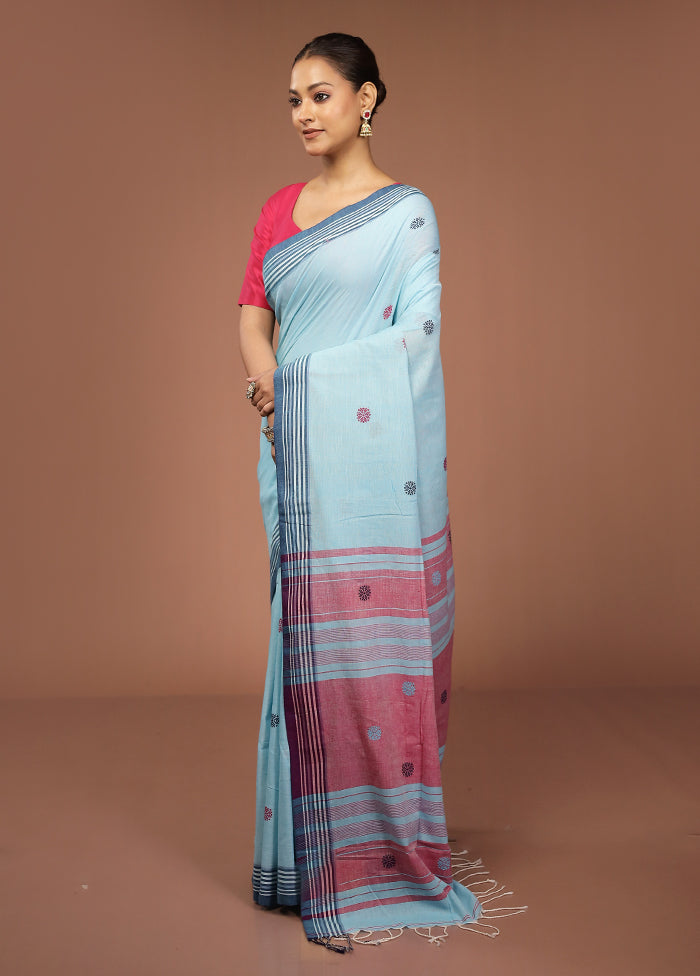 Blue Khadi Cotton Saree With Blouse Piece
