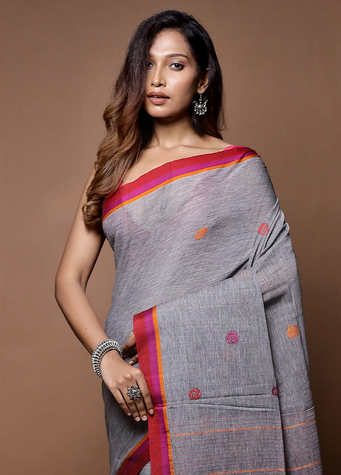 Grey Khadi Cotton Saree With Blouse Piece - Indian Silk House Agencies