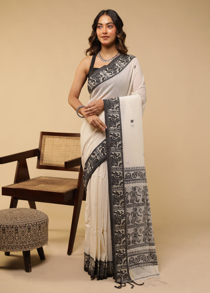 Cream Khadi Cotton Saree With Blouse Piece