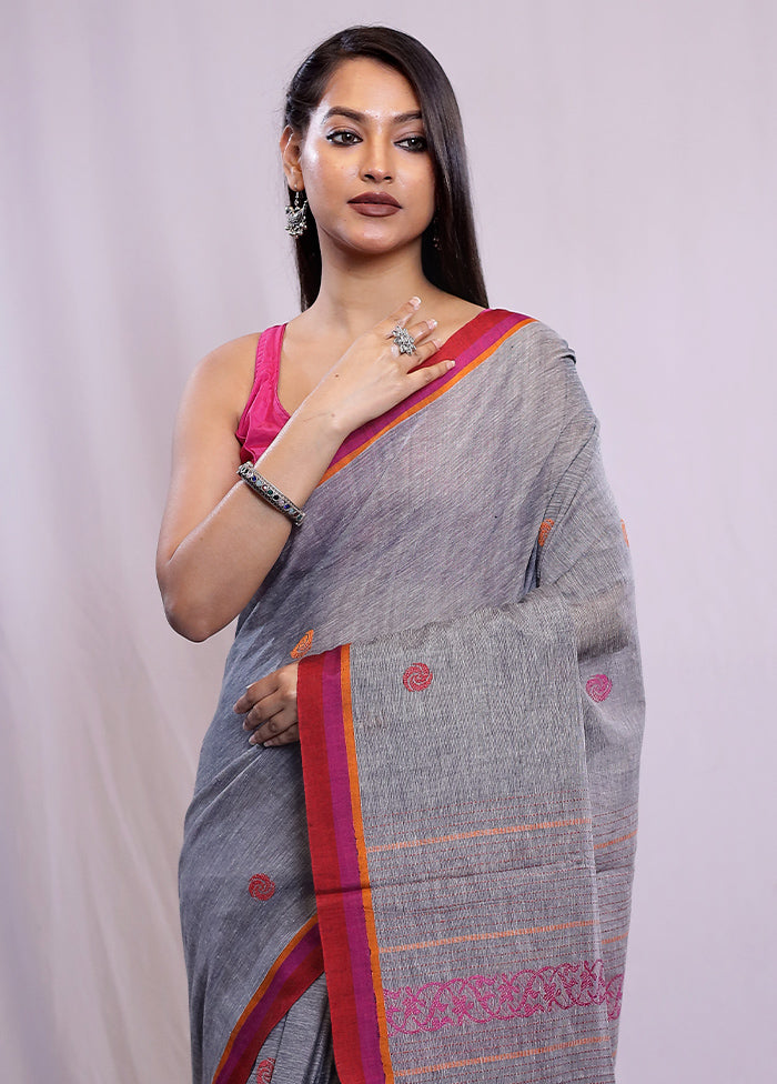 Grey Khadi Cotton Saree With Blouse Piece - Indian Silk House Agencies