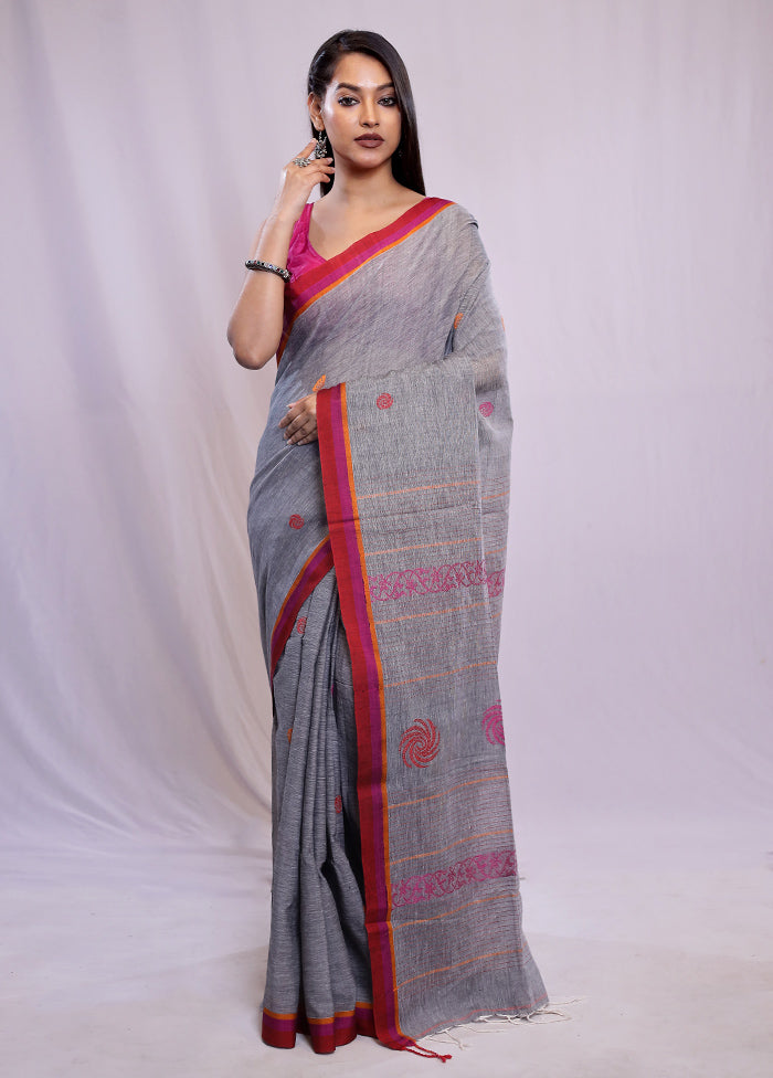 Grey Khadi Cotton Saree With Blouse Piece - Indian Silk House Agencies