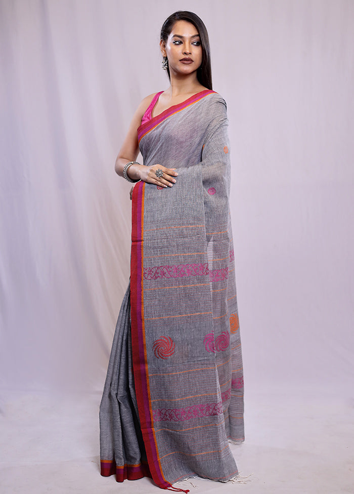 Grey Khadi Cotton Saree With Blouse Piece - Indian Silk House Agencies