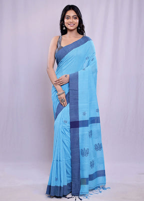 Blue Khadi Cotton Saree With Blouse Piece - Indian Silk House Agencies