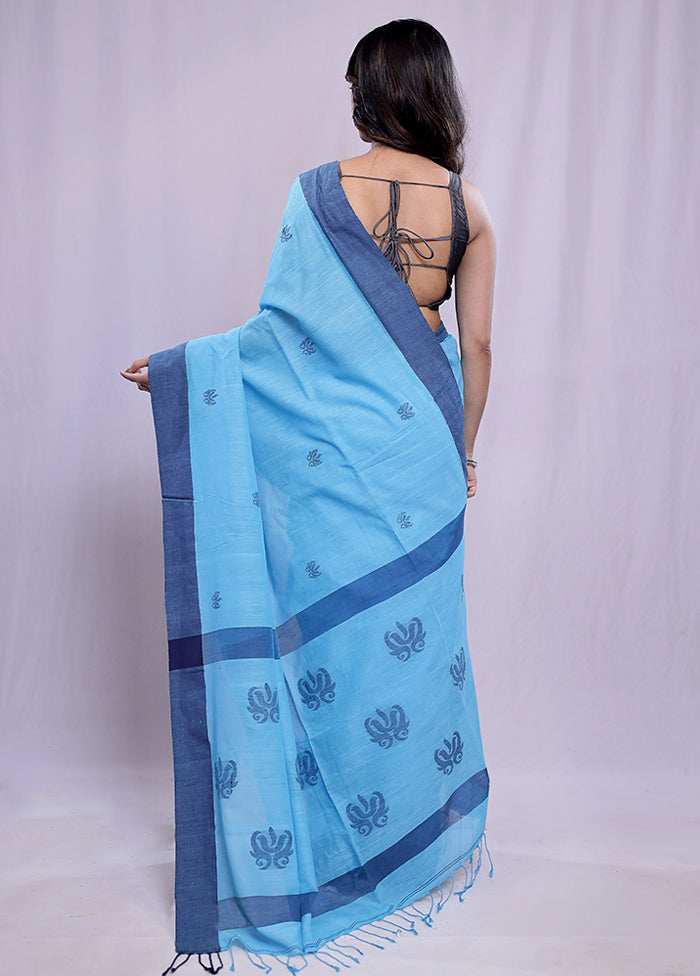 Blue Khadi Cotton Saree With Blouse Piece - Indian Silk House Agencies