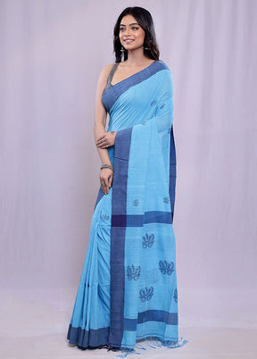 Blue Khadi Cotton Saree With Blouse Piece - Indian Silk House Agencies