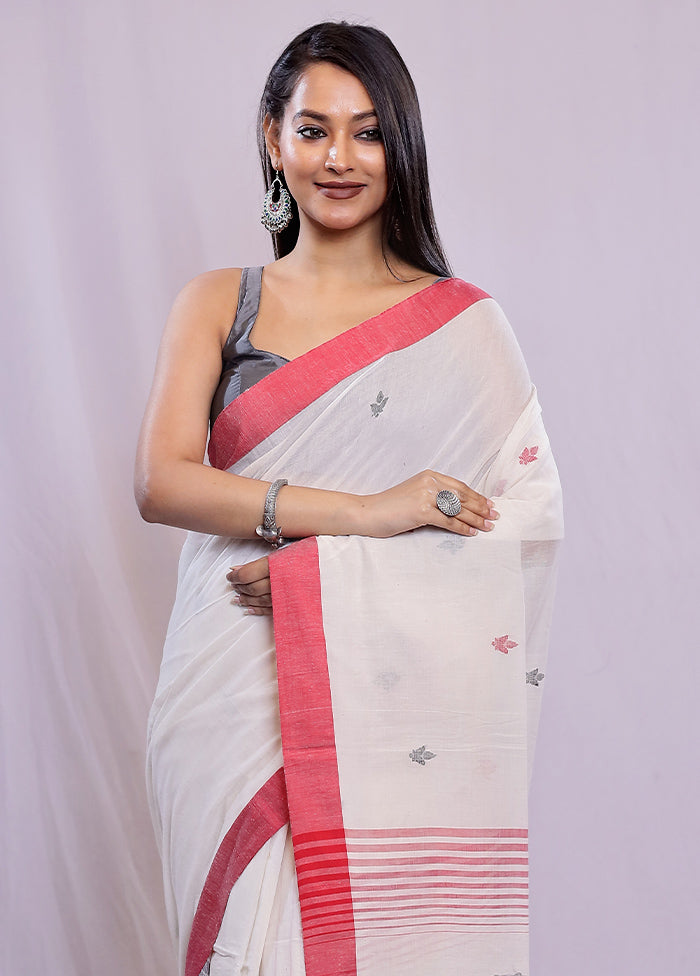 White Khadi Cotton Saree With Blouse Piece - Indian Silk House Agencies