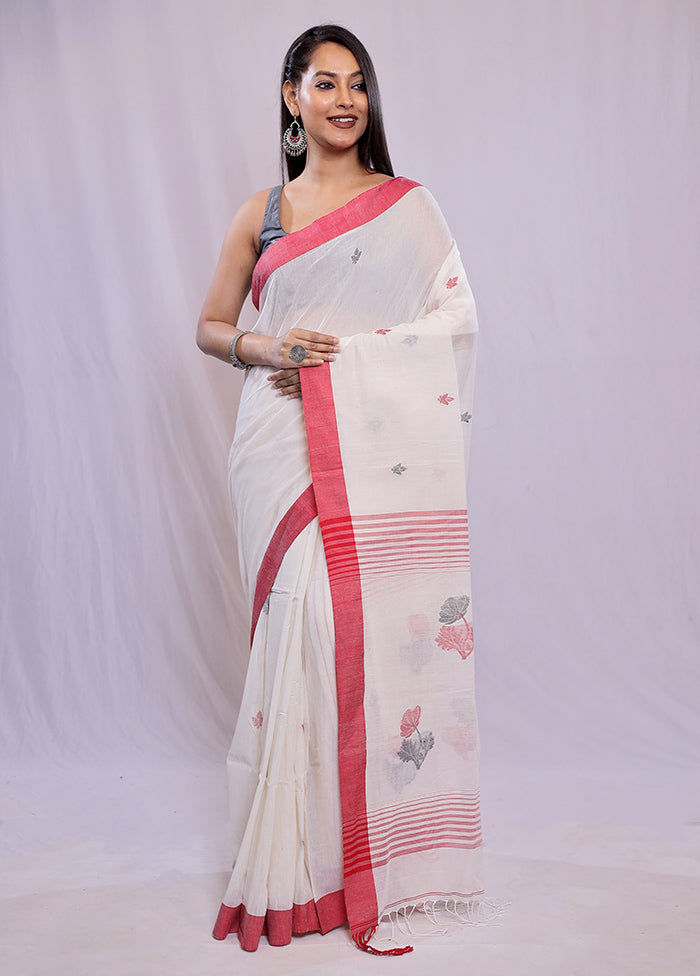 White Khadi Cotton Saree With Blouse Piece - Indian Silk House Agencies