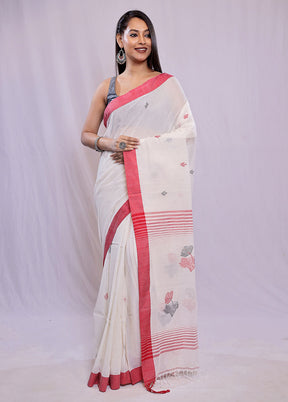 White Khadi Cotton Saree With Blouse Piece - Indian Silk House Agencies