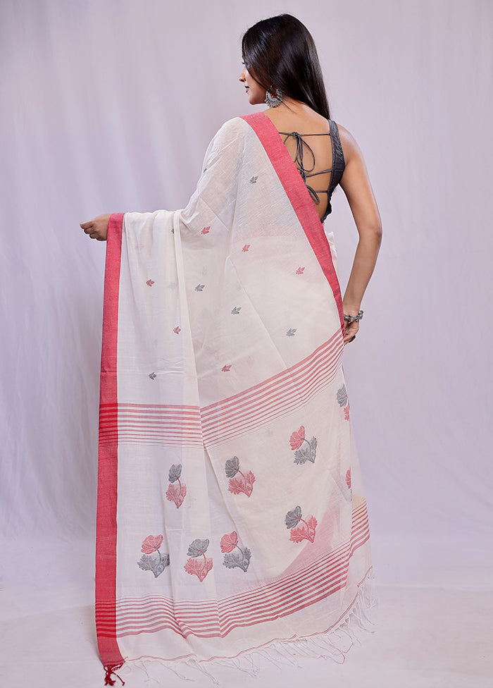 White Khadi Cotton Saree With Blouse Piece - Indian Silk House Agencies